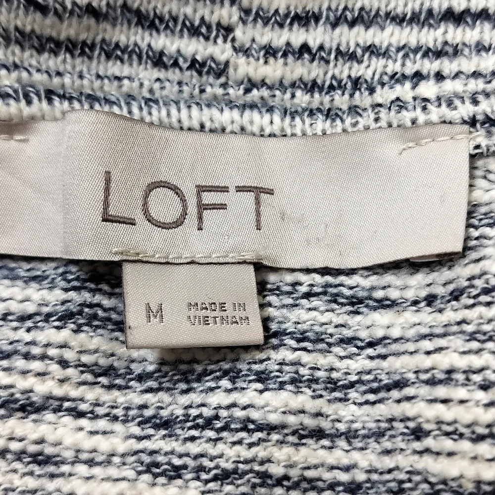 1826) LOFT Long Open Striped Gray Cream Cardigan Sweater Size Medium